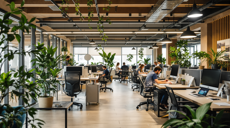 Oficina moderna i funcional amb llum natural i espai obert, exemple d’interiorisme d’oficines