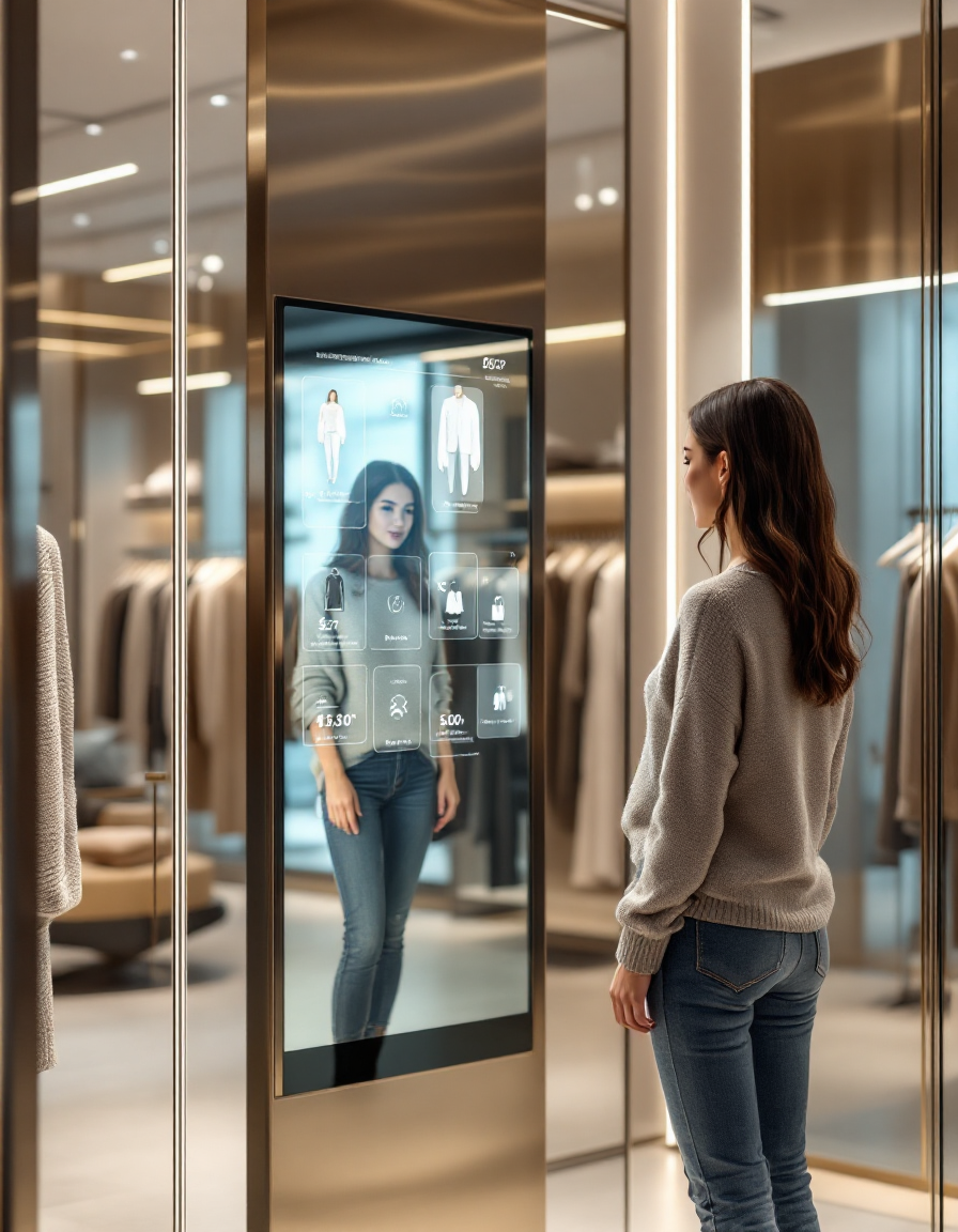 Interiorismo para tiendas: Ideas creativas para atraer y fidelizar clientes 35 Cliente probando un espejo inteligente en un showroom